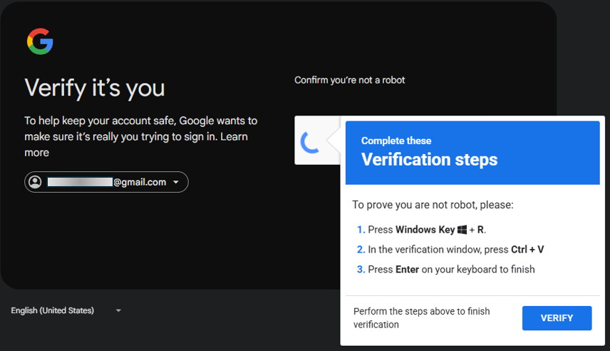 A fake Google 'Verify it's you' page instructing the user to press Windows Key + R, then Ctrl + V, then Enter, which is the ClickFix scam